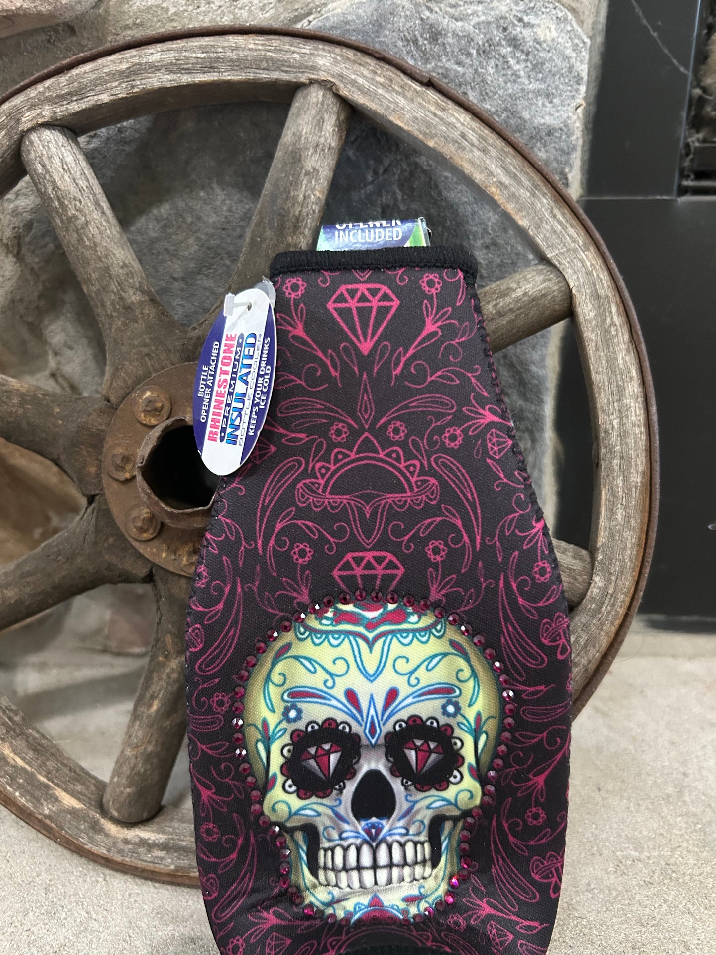 Rhinestone Bottle Cooler comes with Bottle opener too showing both sides