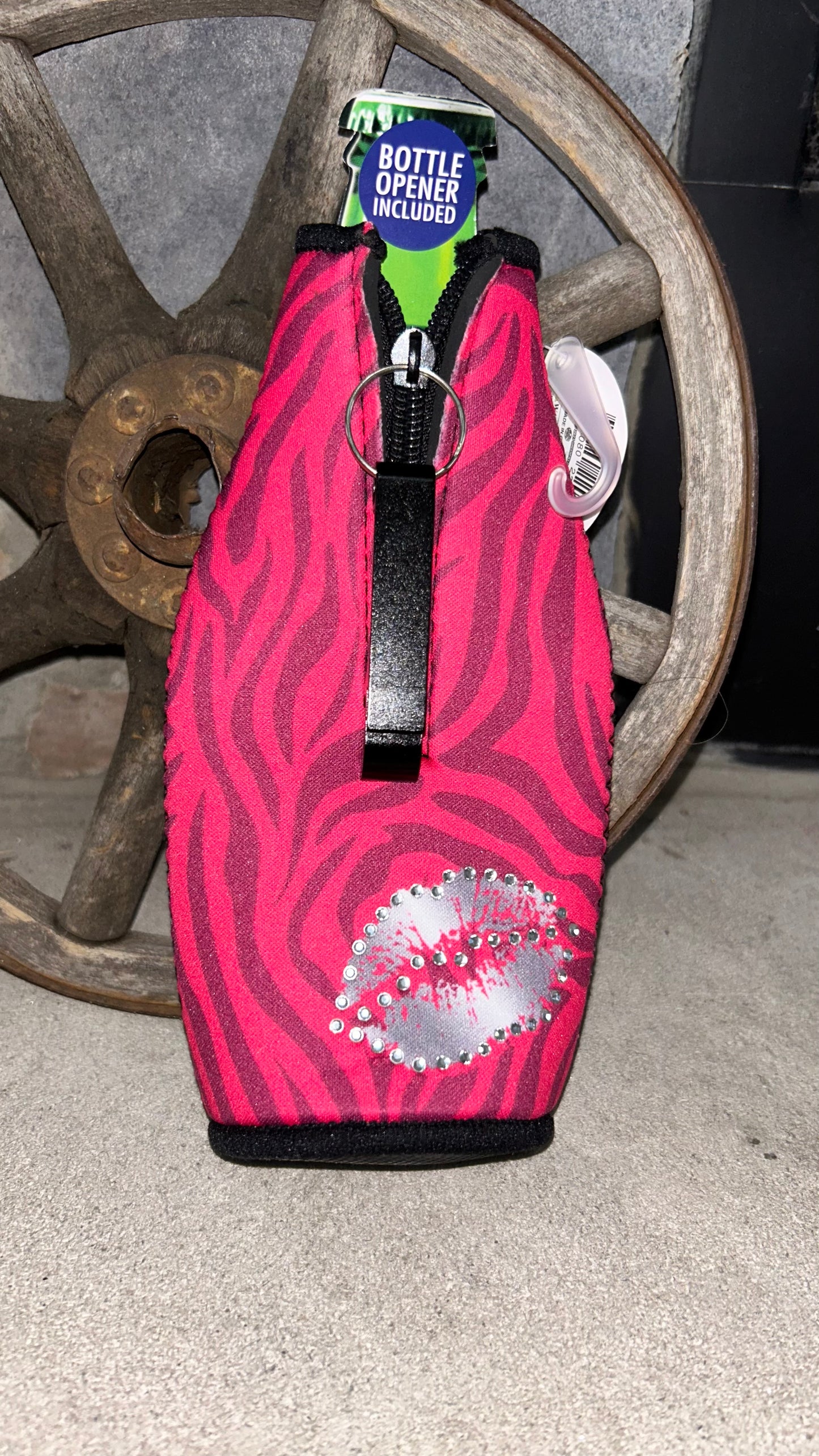 Rhinestone Bottle Cooler comes with Bottle opener too showing both sides