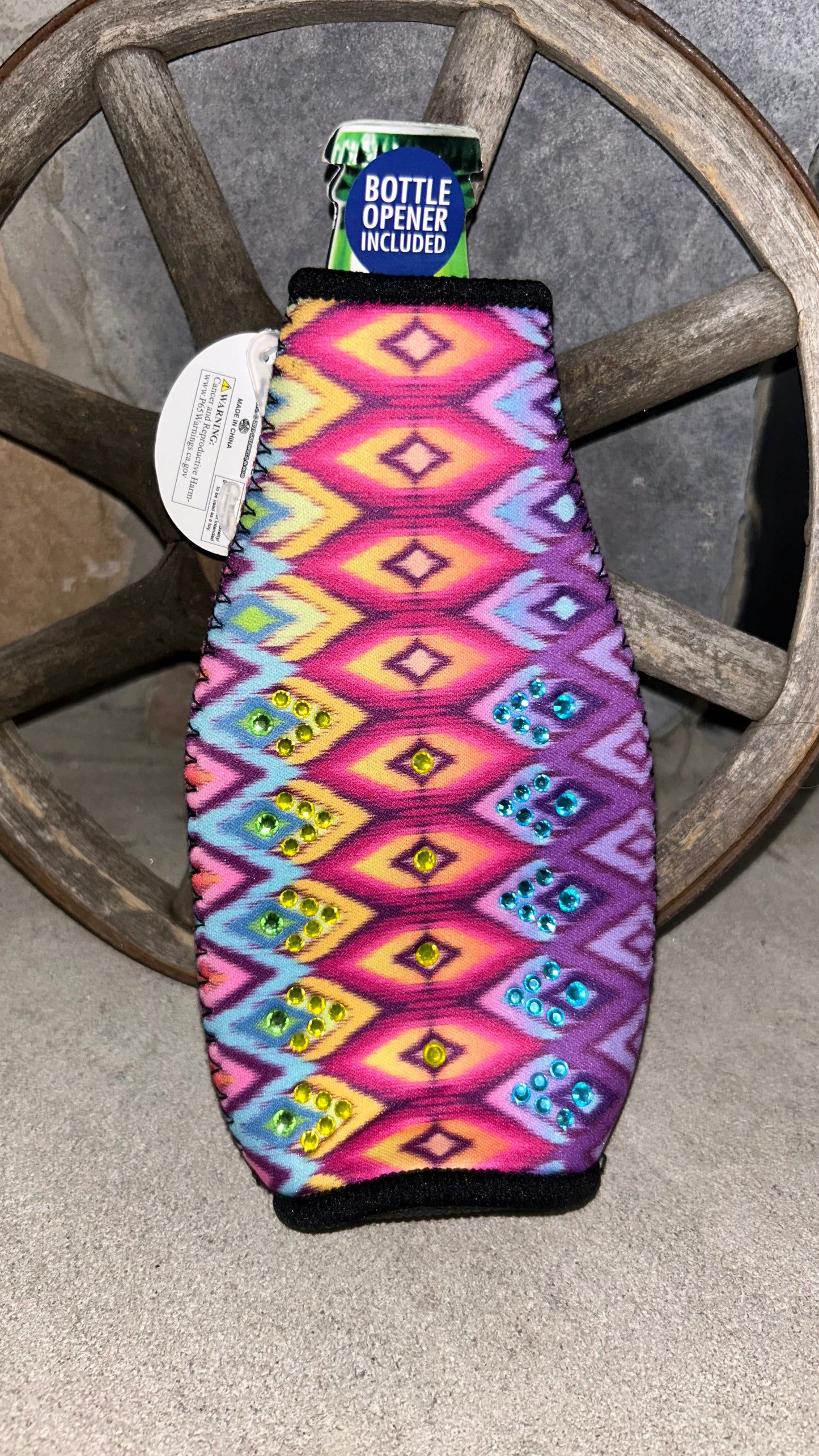 Rhinestone Bottle Cooler comes with Bottle opener too showing both sides