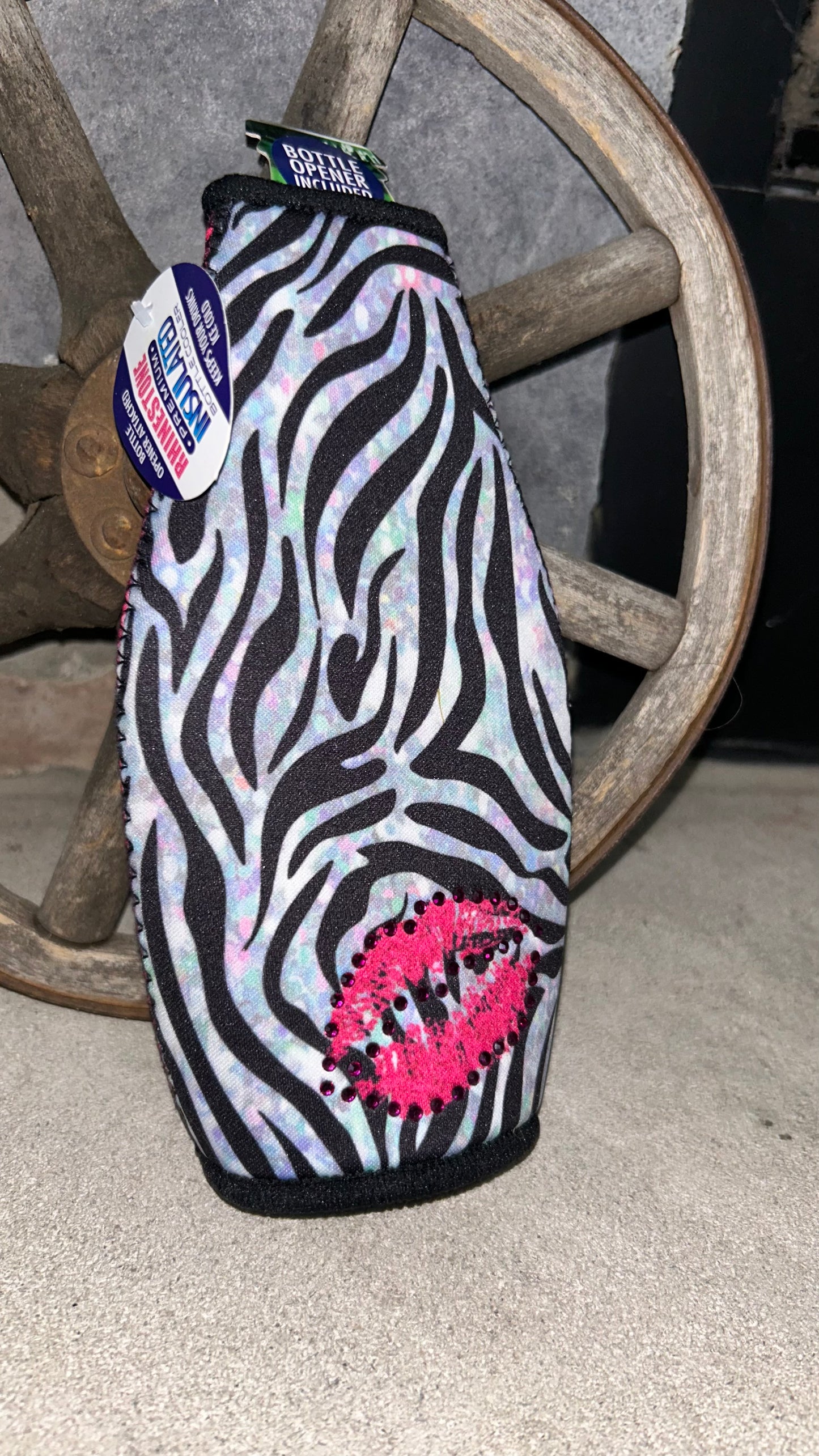 Rhinestone Bottle Cooler comes with Bottle opener too showing both sides