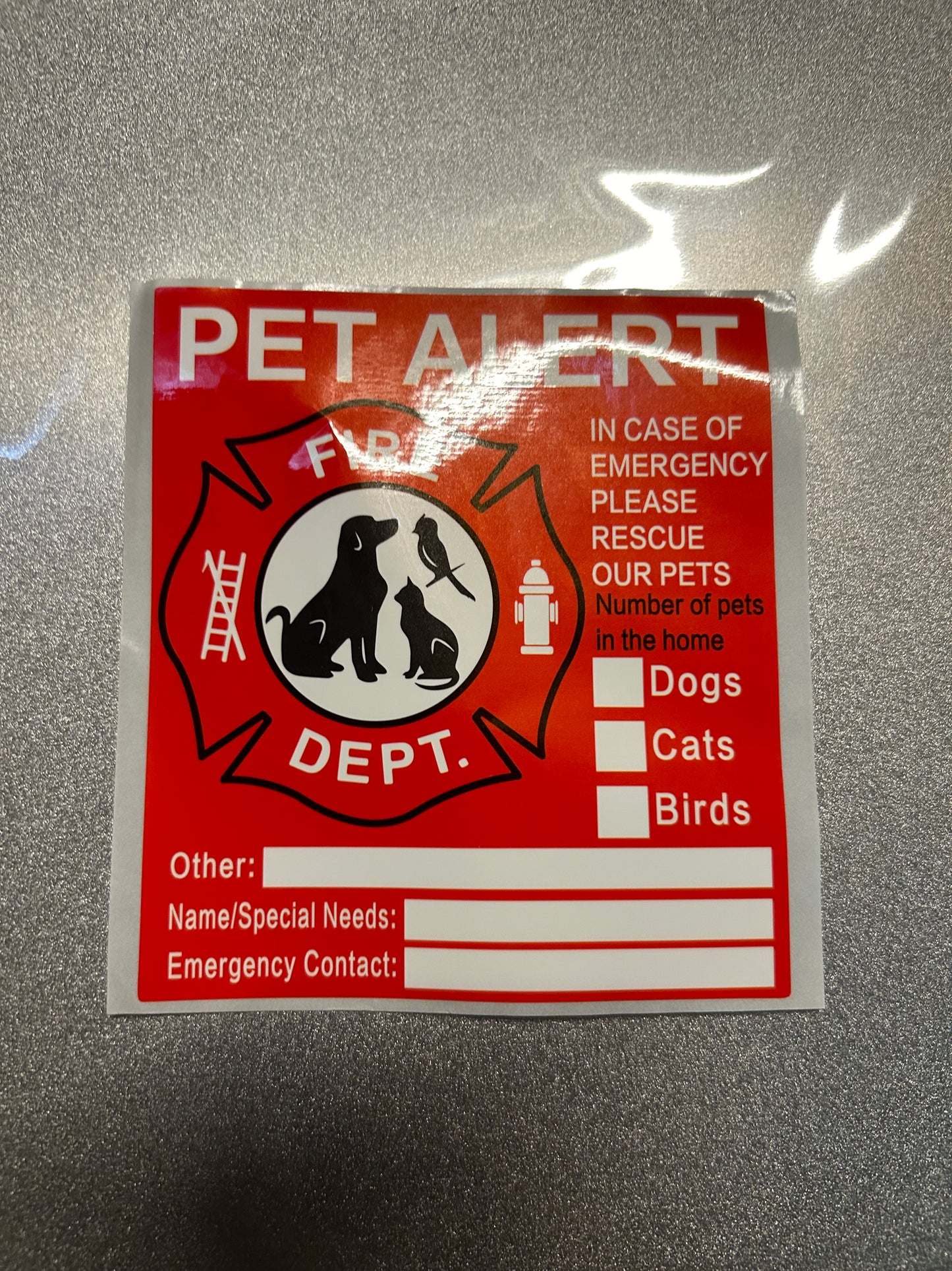 Emergency decal for window or building for Your Pet to Save life’s
