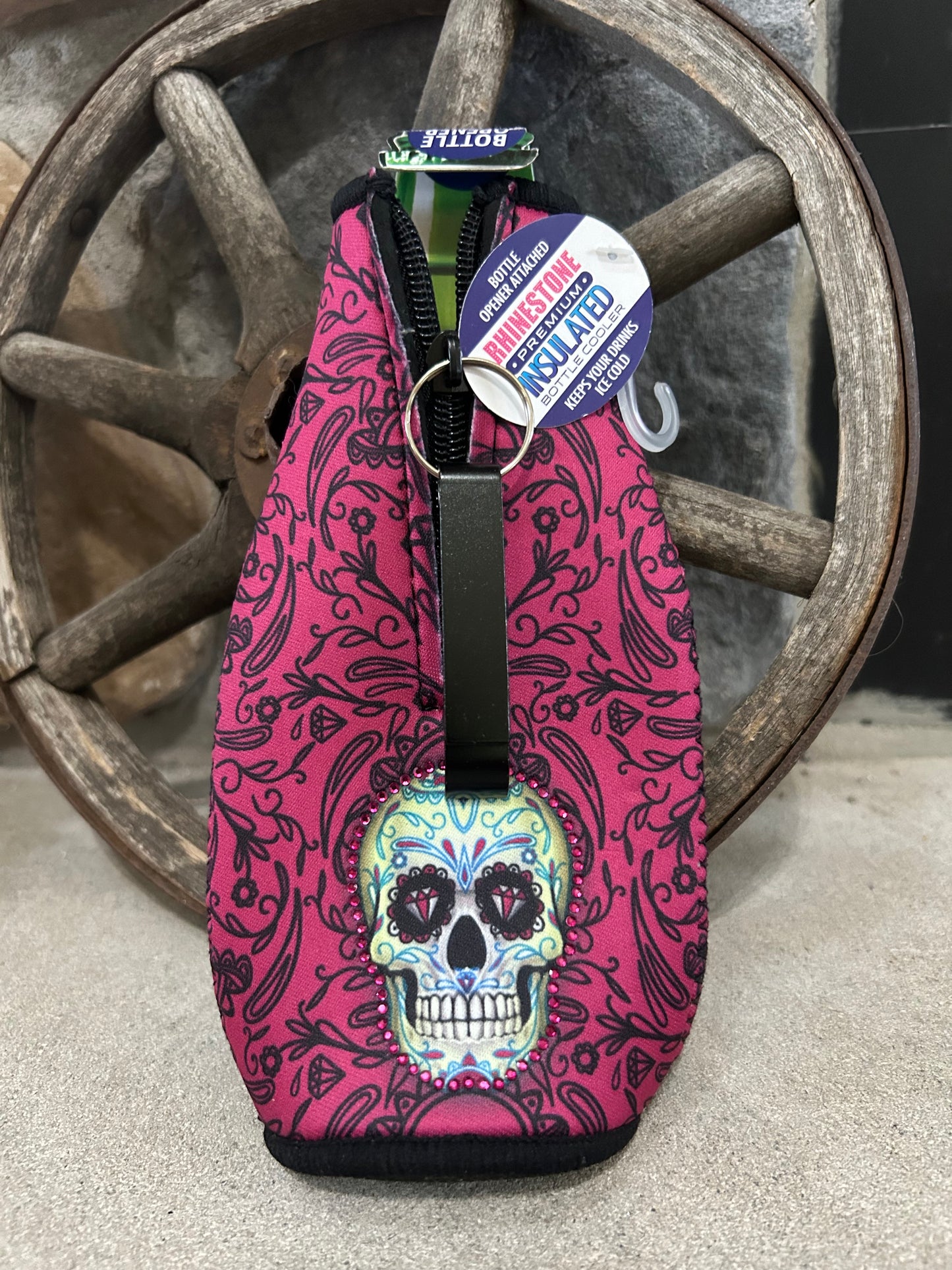 Rhinestone Bottle Cooler comes with Bottle opener too showing both sides